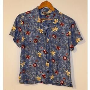 La Cabana Women's Size Small Blue Floral Hawaiian Short Sleeve Button Down Shirt